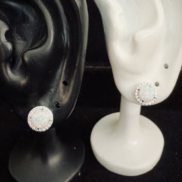 Beautiful Genuine White Opal & Moissanite Halo Stud Earrings 925~New~Retail $149 - Picture 8 of 12